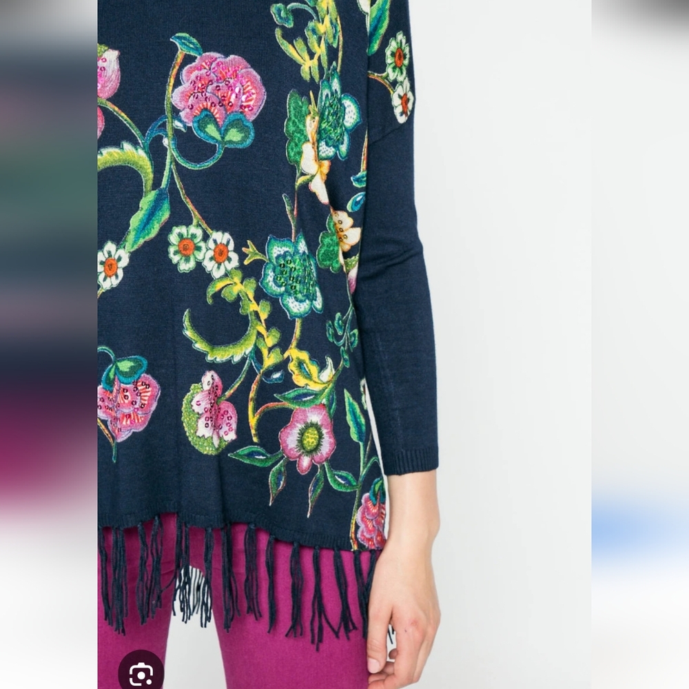 Desigual Yovana Navy Floral Sweater with Tassel Fringe - Picture 4 of 8